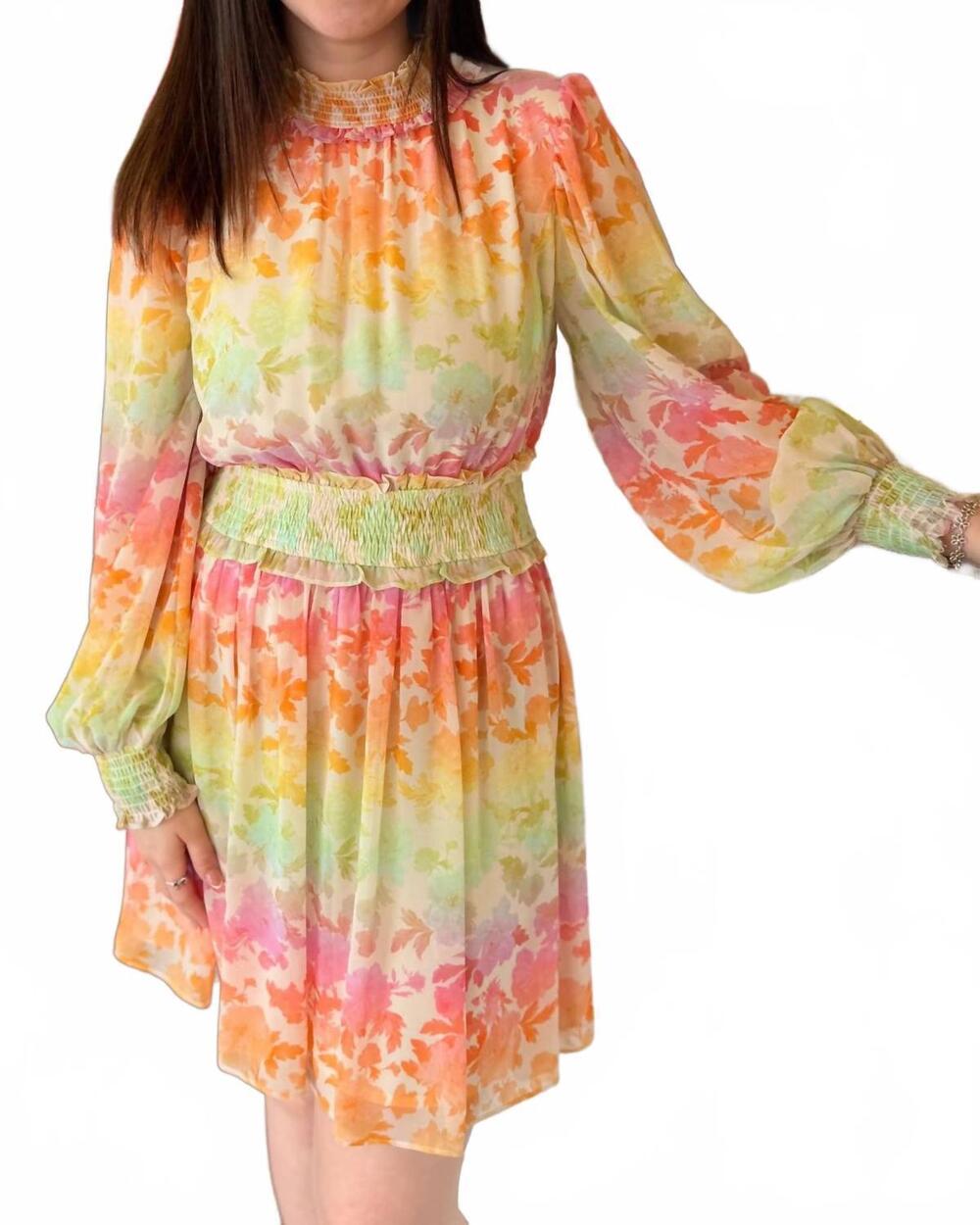 NEW FATE pastel bloom smocked dress in multicolor
